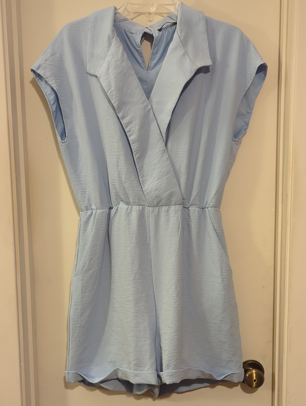 Light Blue Collared Wrap Romper with Defined Waist